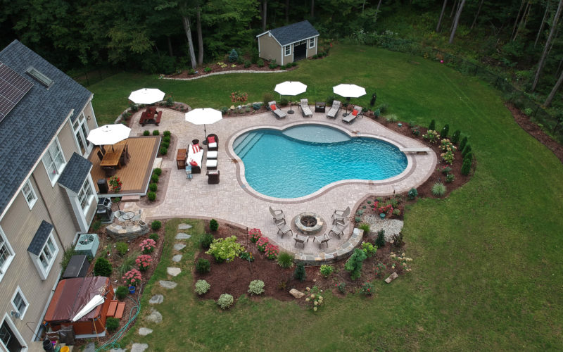 Birds eye view photo of a custom inground pool installed by Majestic Pools